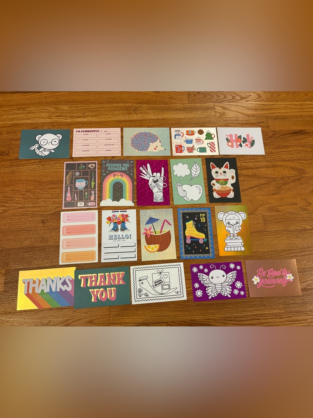 20 pipsticks postcards variety mermaid rainbow lucky cat  roller skate stamp
